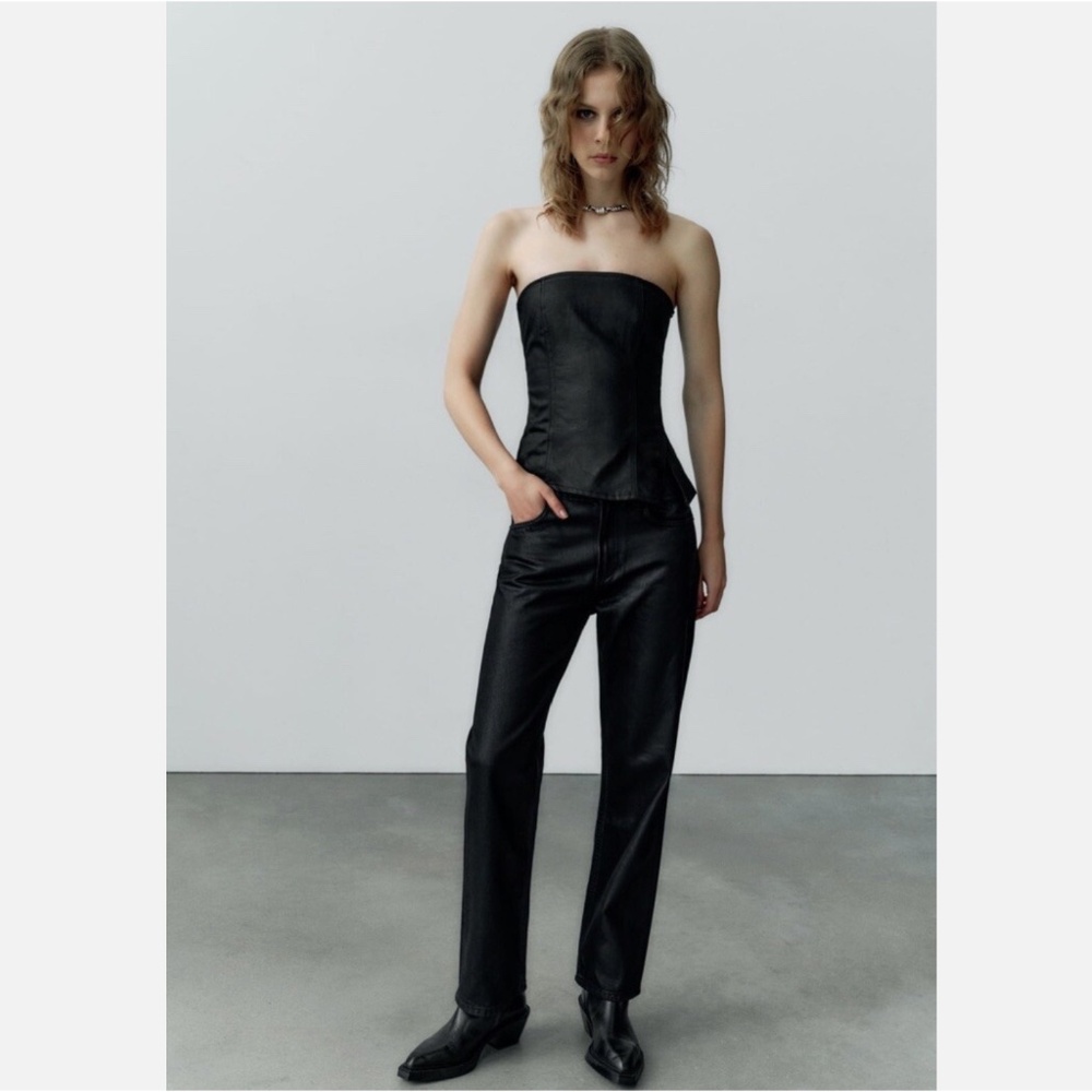 ZARA BLACK WAX COATED BUSTIER DENIM CORSET TOP (XS) + JEANS(4)